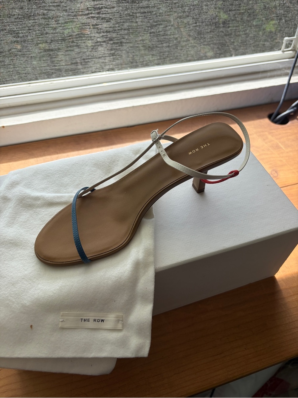 The Row Tri-Color Strappy Sandal in White, Blue & Red